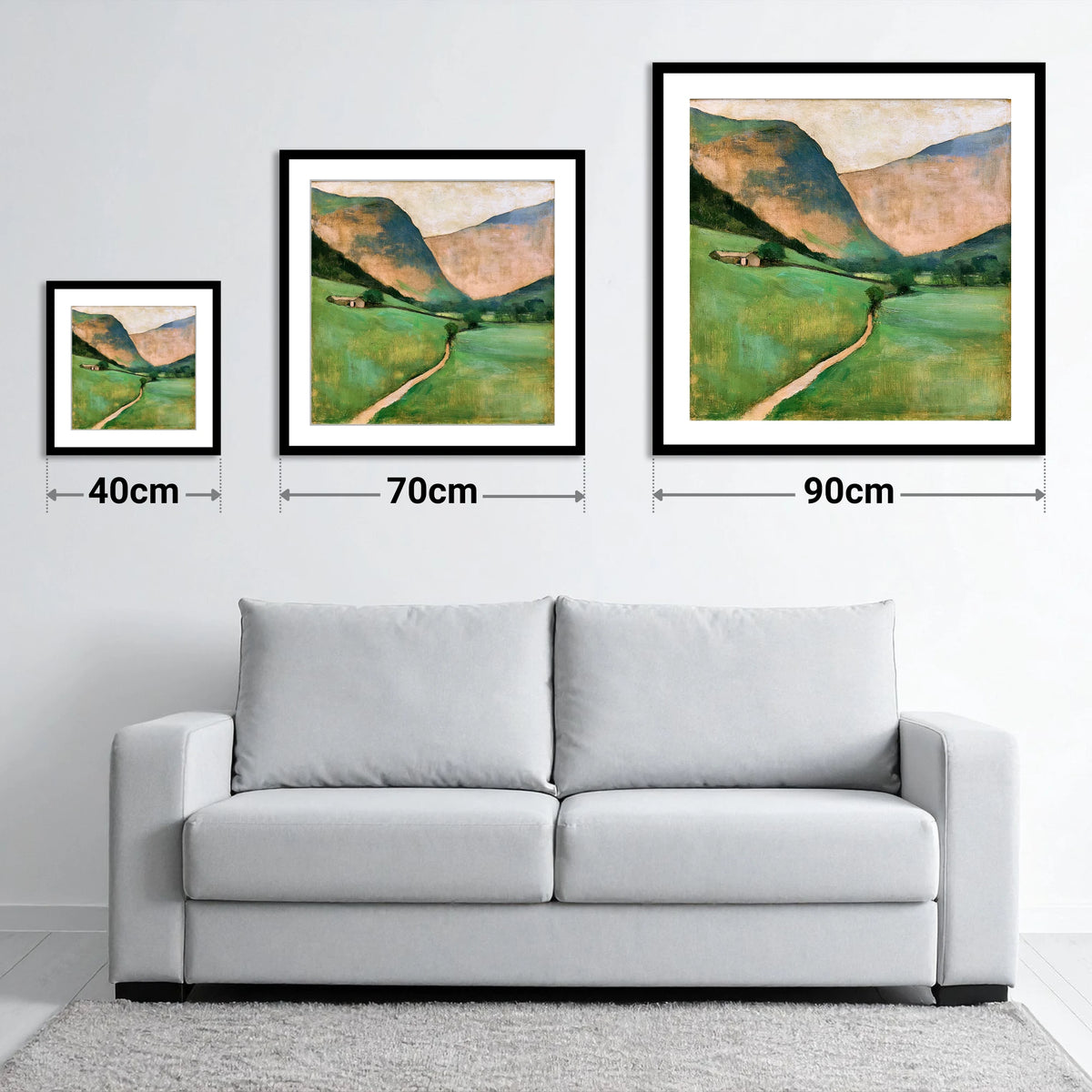 Green Valley Beneath Warm Fells - size guide showing 40cm, 70cm and 90cm art prints