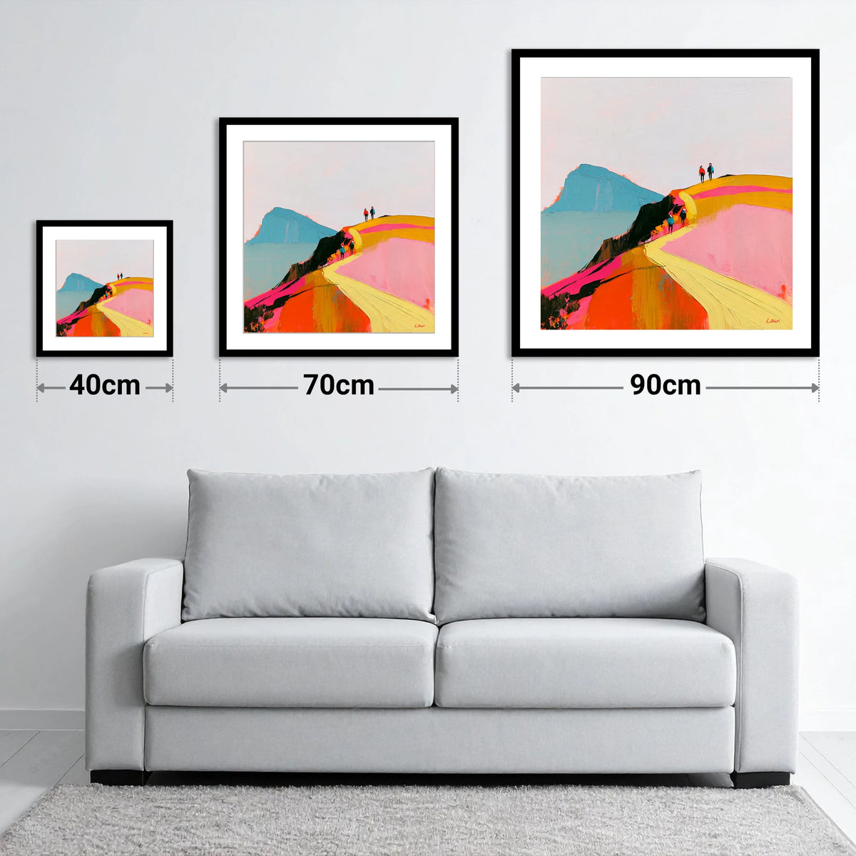 Walkers on a Vibrant Ridge - size guide showing 40cm, 70cm and 90cm art prints