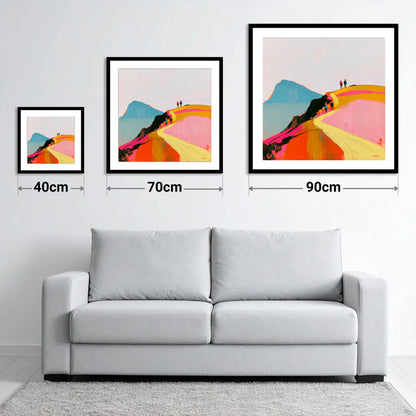 Walkers on a Vibrant Ridge - size guide showing 40cm, 70cm and 90cm art prints