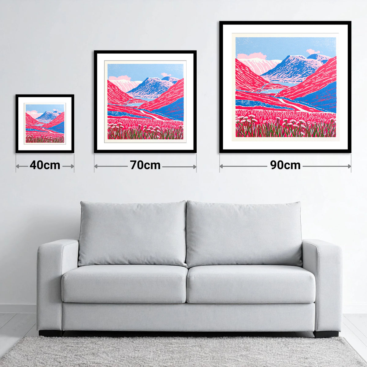 Vibrant Fells at Kirkstone Pass - size guide showing 40cm, 70cm and 90cm art prints