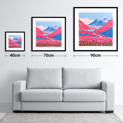 Vibrant Fells at Kirkstone Pass - size guide showing 40cm, 70cm and 90cm art prints