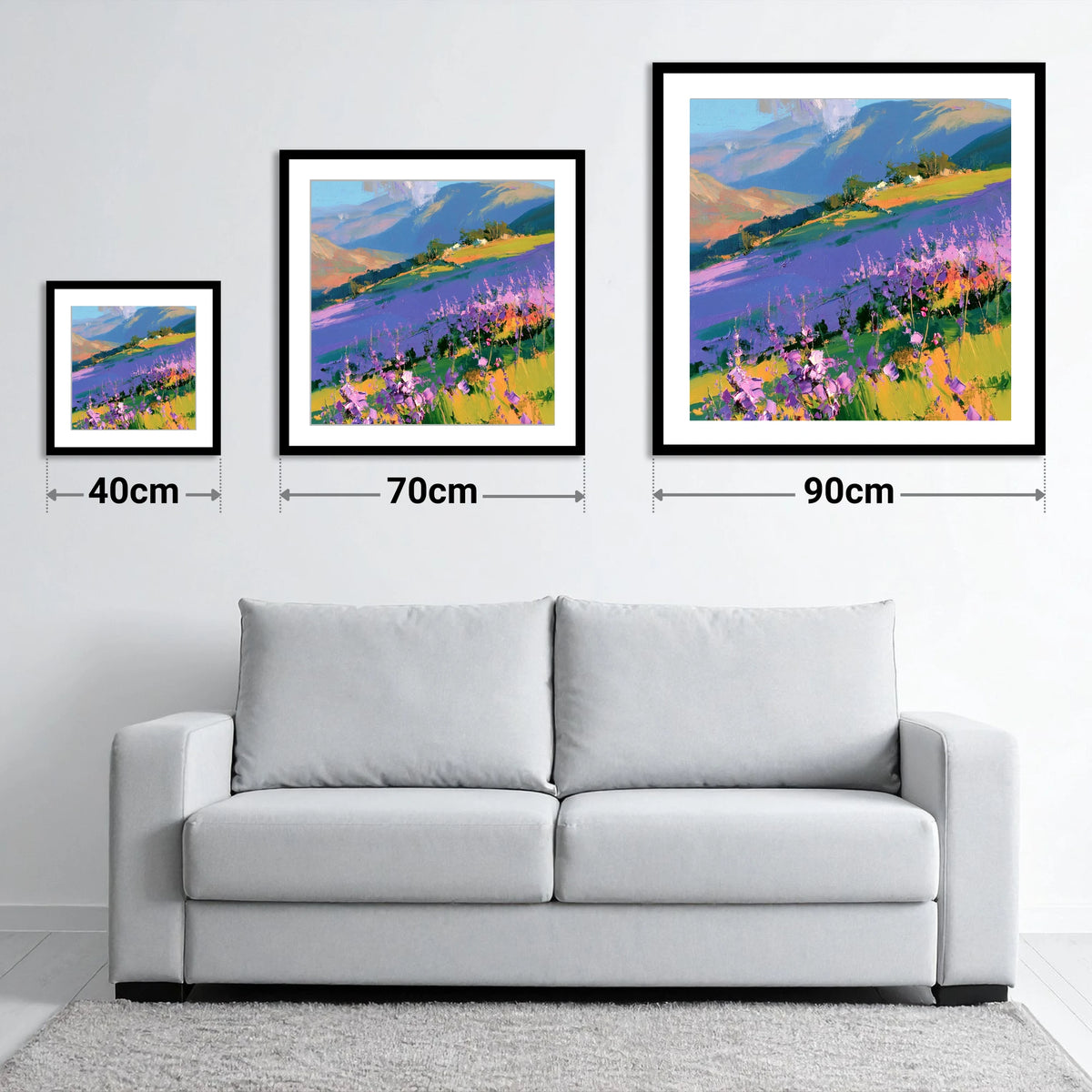 Vibrant Heather on a Lakeland Fellside - size guide showing 40cm, 70cm and 90cm art prints