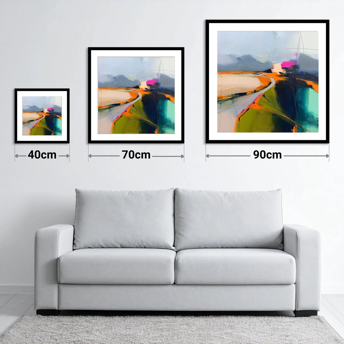 Mountain Pass Vivid Abstract - size guide showing 40cm, 70cm and 90cm art prints
