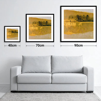 Dark Trees on Golden Lake - size guide showing 40cm, 70cm and 90cm art prints