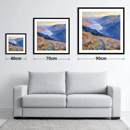 Sunlit Thirlmere from Helvellyn Path - size guide showing 40cm, 70cm and 90cm art prints