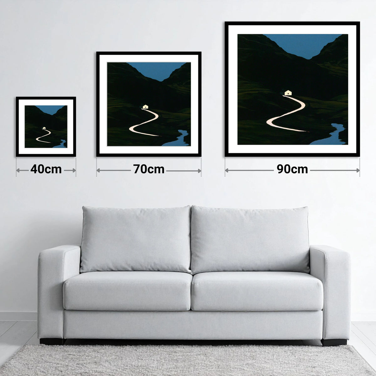 Glowing Winding Mountain Pass - size guide showing 40cm, 70cm and 90cm art prints