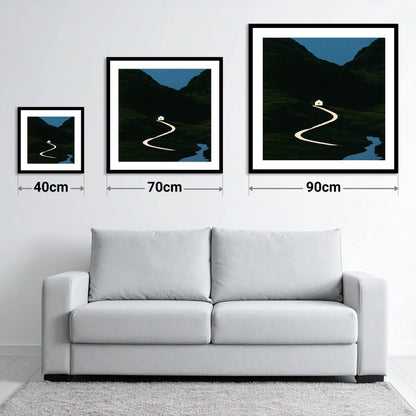 Glowing Winding Mountain Pass - size guide showing 40cm, 70cm and 90cm art prints