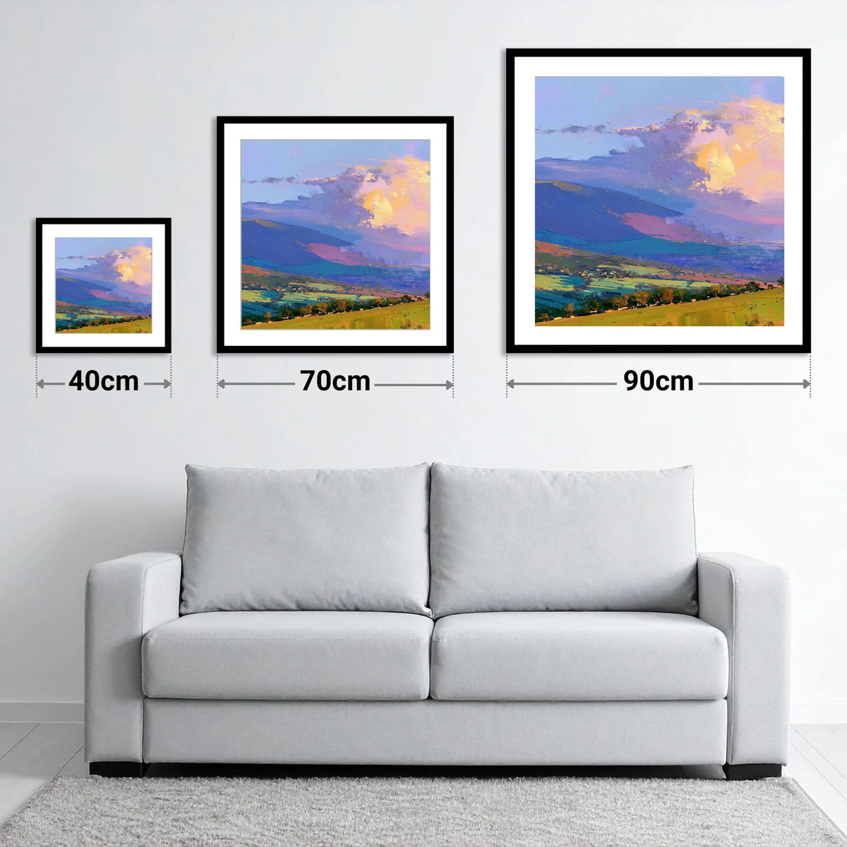 Rolling Fells and Radiant Cloud - size guide showing 40cm, 70cm and 90cm art prints