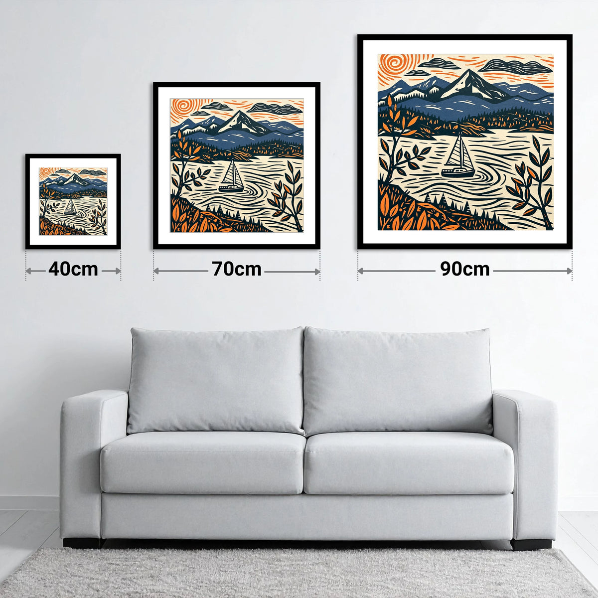 Navy and Orange Windermere Sailboat - size guide showing 40cm, 70cm and 90cm art prints
