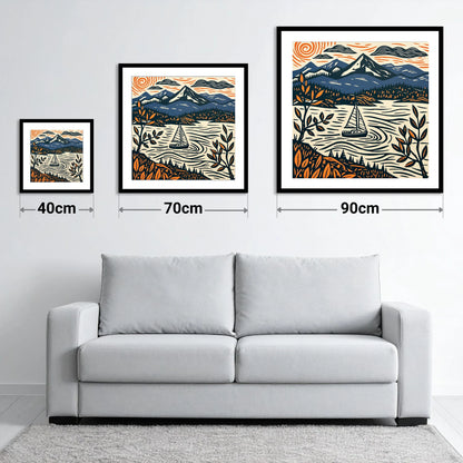 Navy and Orange Windermere Sailboat - size guide showing 40cm, 70cm and 90cm art prints