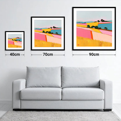 Vibrant Dale Patchwork Fields - size guide showing 40cm, 70cm and 90cm art prints