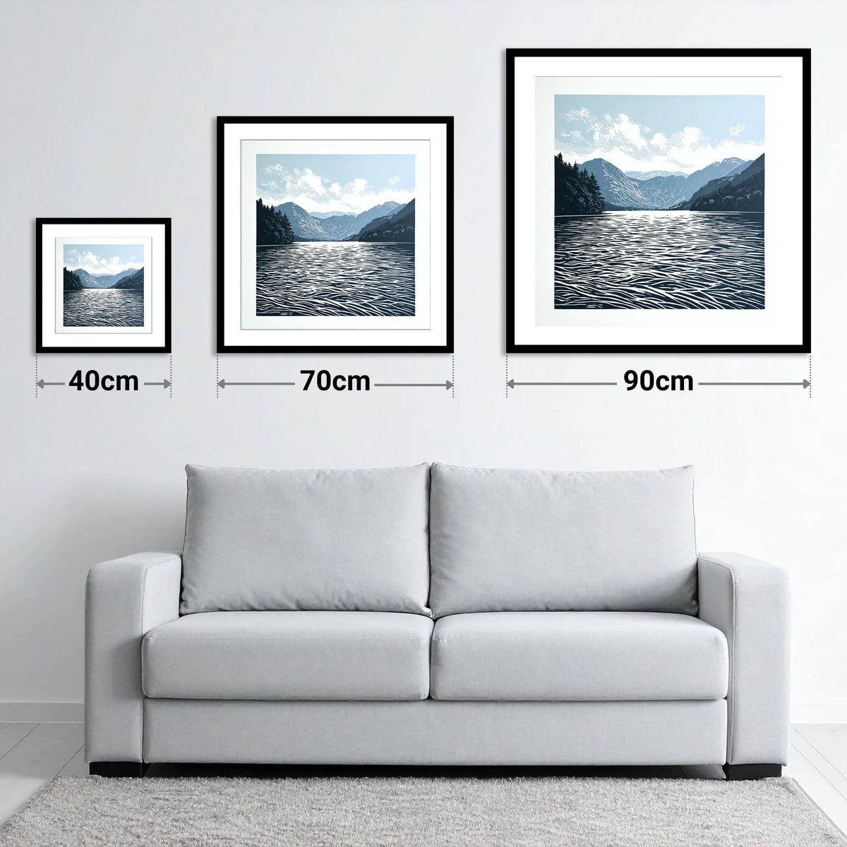 Crummock Water in Deep Navy - size guide showing 40cm, 70cm and 90cm art prints