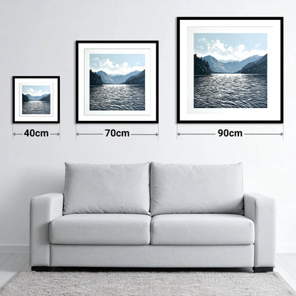 Crummock Water in Deep Navy - size guide showing 40cm, 70cm and 90cm art prints