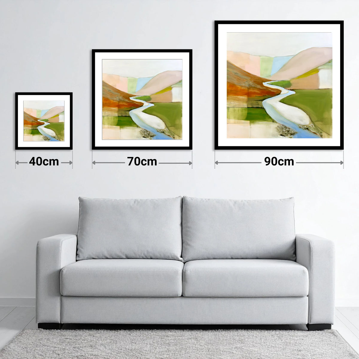 Winding River Through Pastel Fells - size guide showing 40cm, 70cm and 90cm art prints
