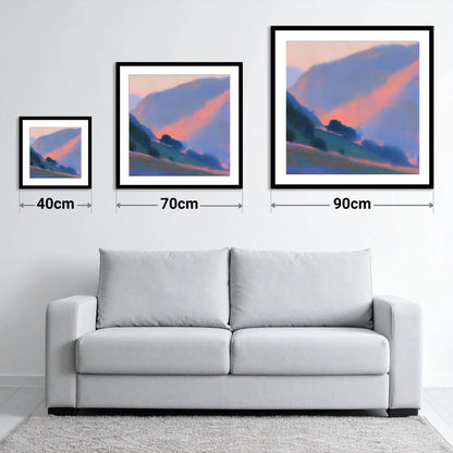 Rose Light Between the Fells - size guide showing 40cm, 70cm and 90cm art prints