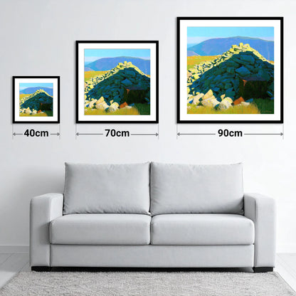 Sunlit Cairn on Grike Summit - size guide showing 40cm, 70cm and 90cm art prints