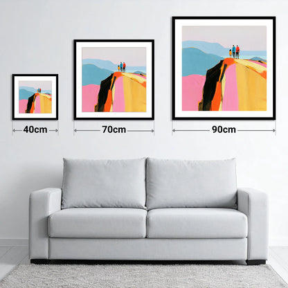 Colourful Fell Top Walkers - size guide showing 40cm, 70cm and 90cm art prints