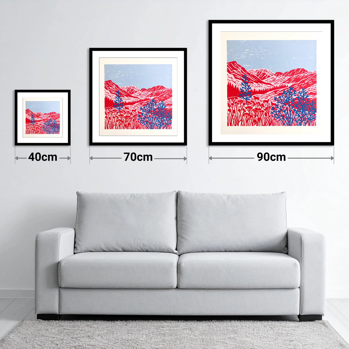 Vibrant Red Borrowdale Fells - size guide showing 40cm, 70cm and 90cm art prints