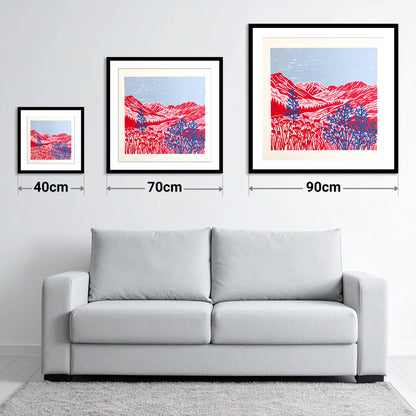 Vibrant Red Borrowdale Fells - size guide showing 40cm, 70cm and 90cm art prints