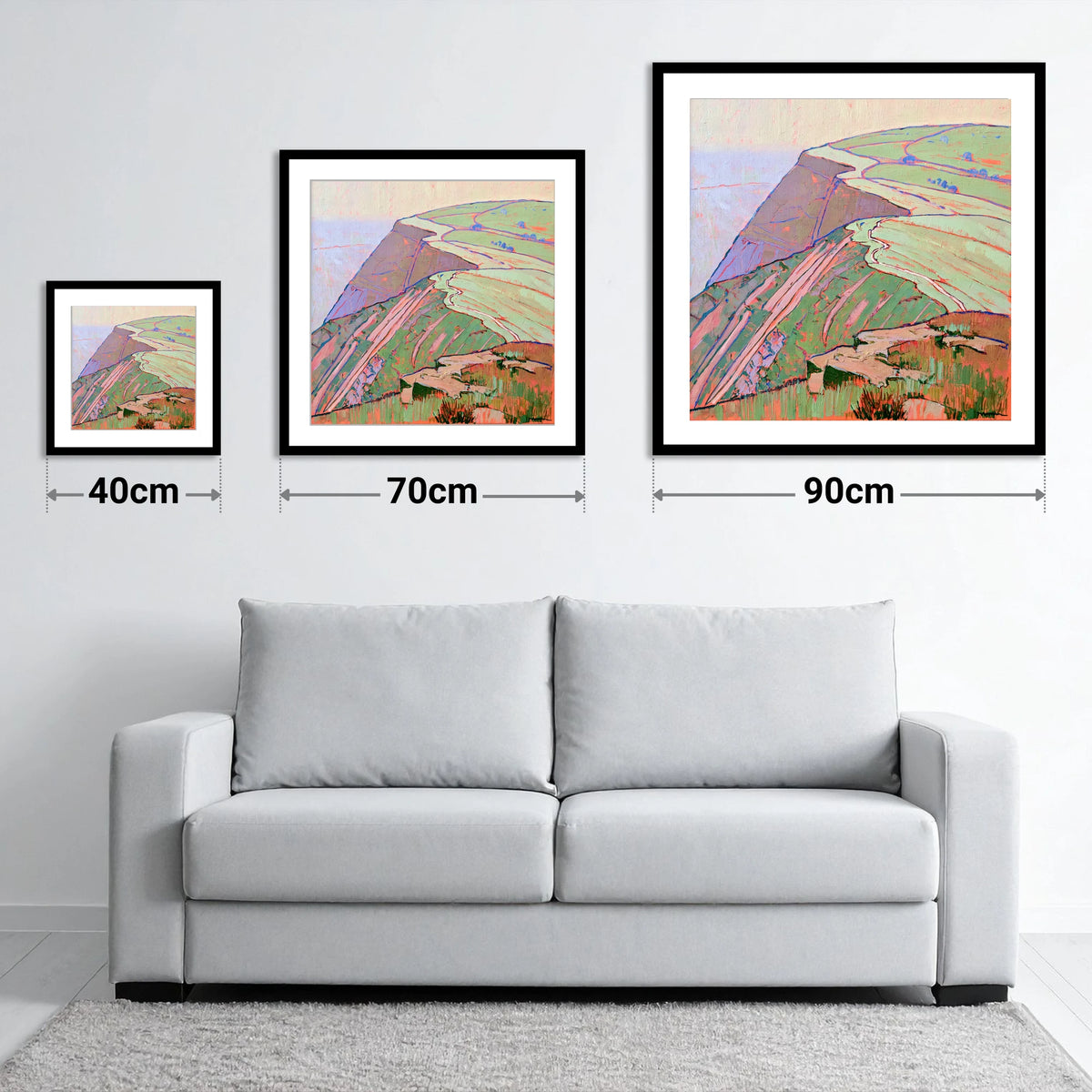 Mountain Ridge in Vivid Colour - size guide showing 40cm, 70cm and 90cm art prints