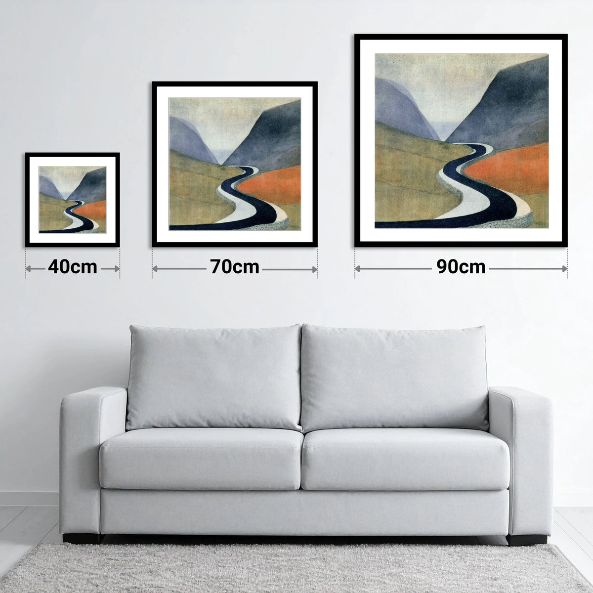 Sweeping Mountain Pass Road - size guide showing 40cm, 70cm and 90cm art prints