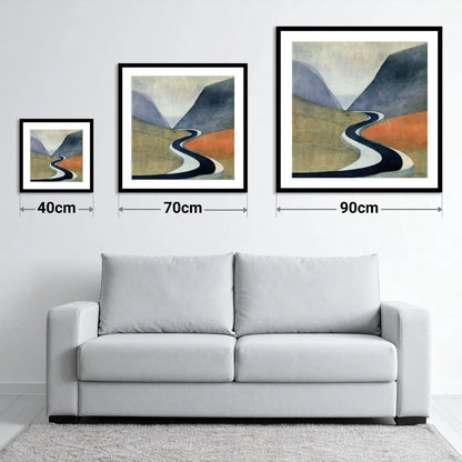 Sweeping Mountain Pass Road - size guide showing 40cm, 70cm and 90cm art prints