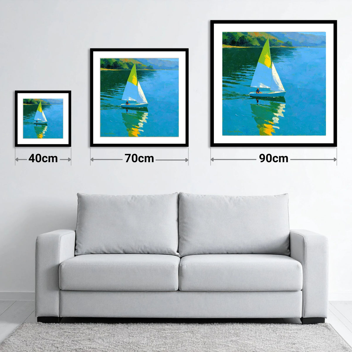 Blue Lake Sailing in Summer Light - size guide showing 40cm, 70cm and 90cm art prints