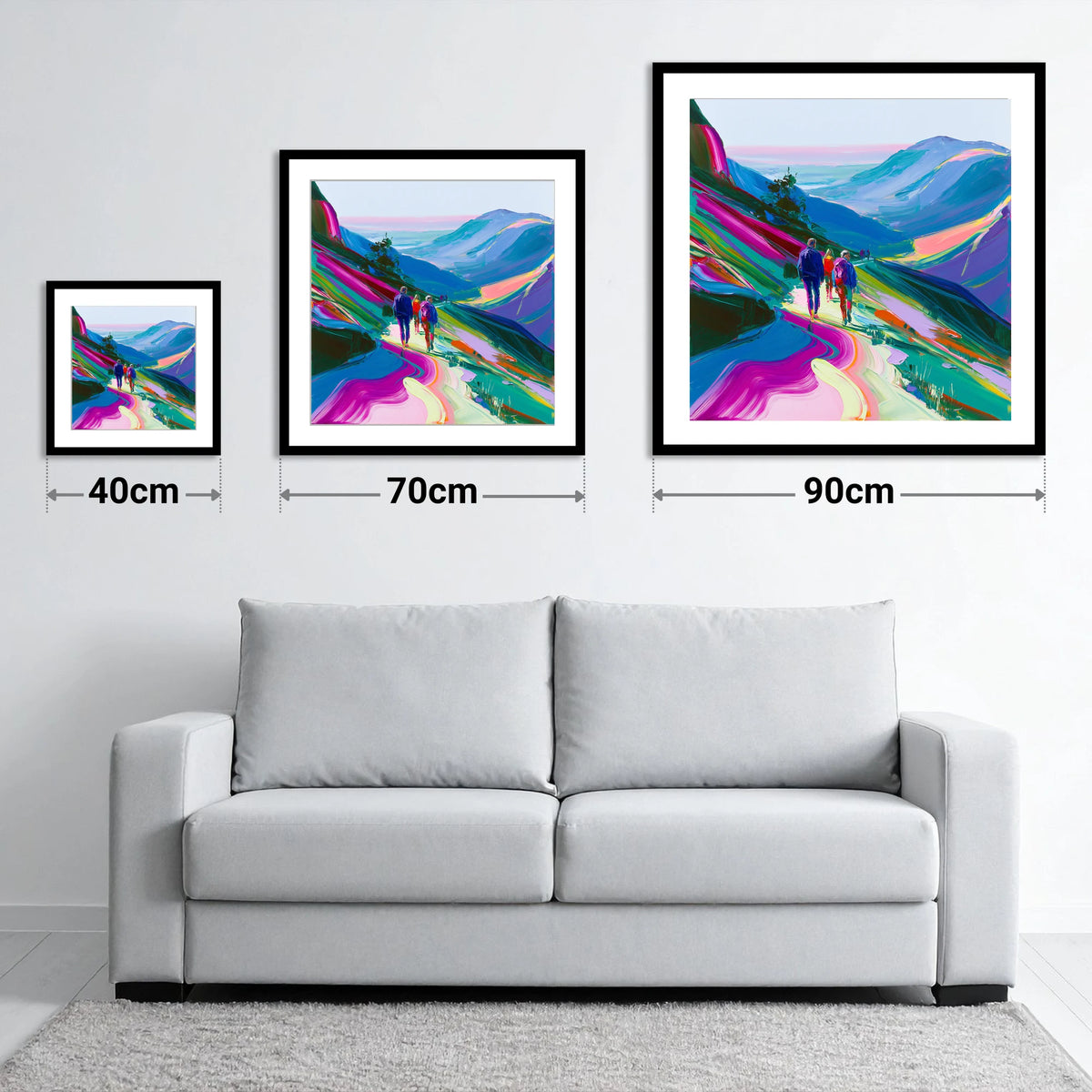 Vivid Walkers on a Mountain Path - size guide showing 40cm, 70cm and 90cm art prints