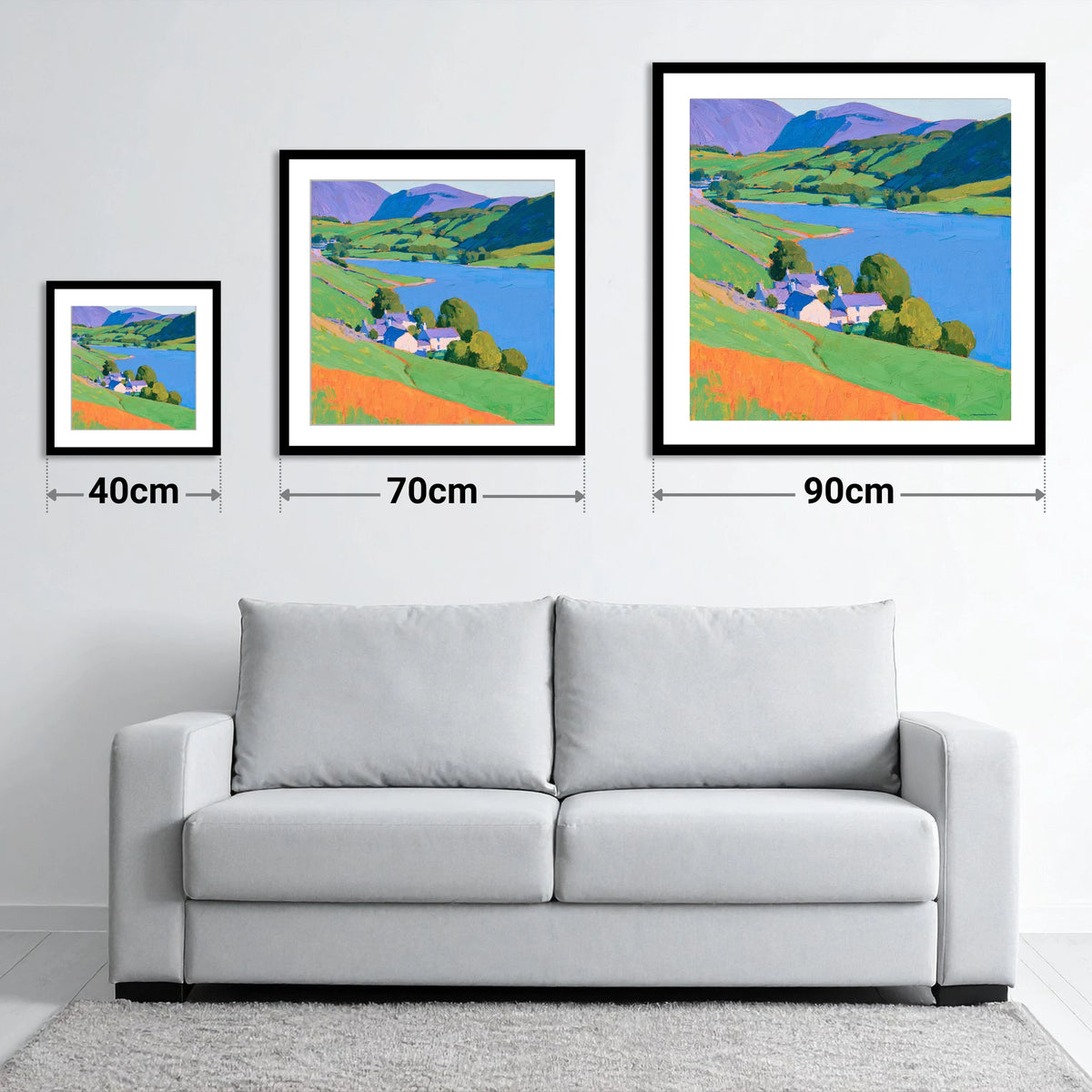 Vibrant Lakeside Village Scene - size guide showing 40cm, 70cm and 90cm art prints