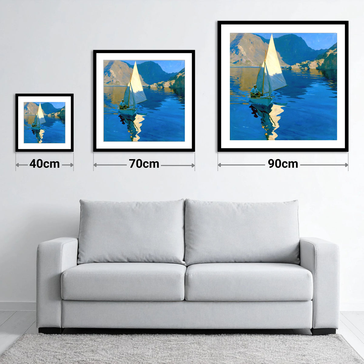 Sunlit Sailboat on a Breezy Lake - size guide showing 40cm, 70cm and 90cm art prints