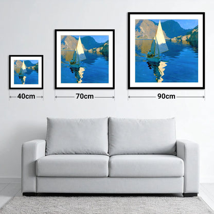 Sunlit Sailboat on a Breezy Lake - size guide showing 40cm, 70cm and 90cm art prints