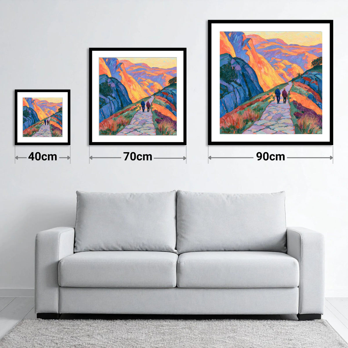 Walkers on an Amber Mountain Path - size guide showing 40cm, 70cm and 90cm art prints