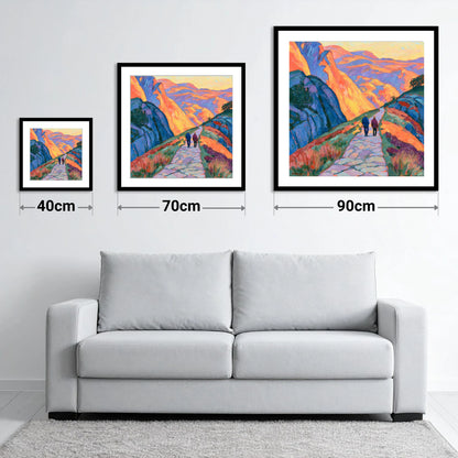 Walkers on an Amber Mountain Path - size guide showing 40cm, 70cm and 90cm art prints