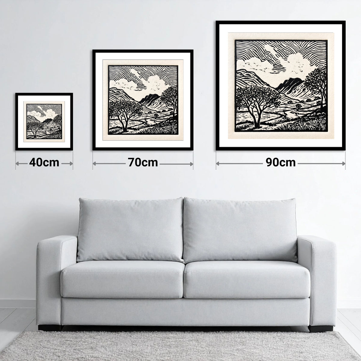 Black and White Eskdale Valley - size guide showing 40cm, 70cm and 90cm art prints