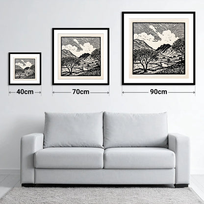 Black and White Eskdale Valley - size guide showing 40cm, 70cm and 90cm art prints