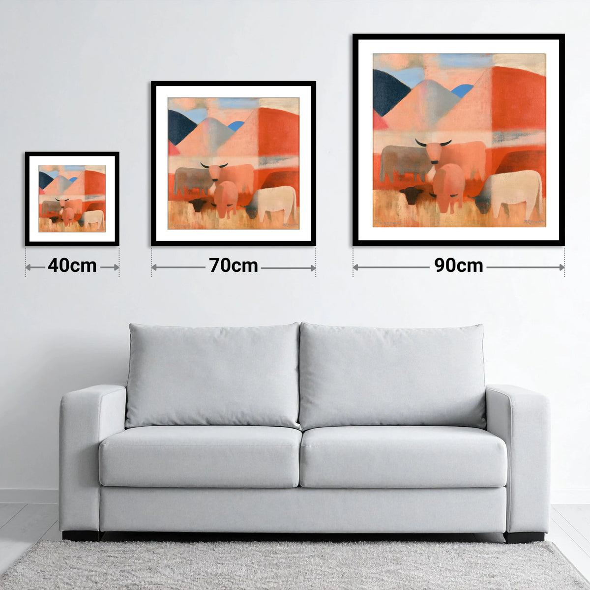 Highland Cattle and Terracotta Fells - size guide showing 40cm, 70cm and 90cm art prints