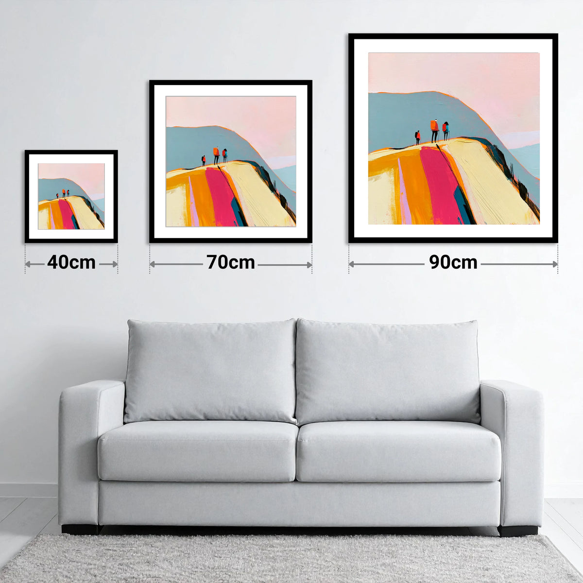 Vibrant Fell Top With Hikers - size guide showing 40cm, 70cm and 90cm art prints