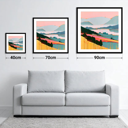 Pink Morning Valley Mist - size guide showing 40cm, 70cm and 90cm art prints