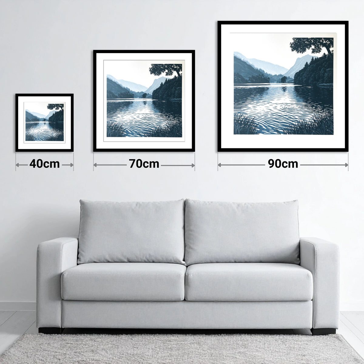 Lake Ripples at First Light - size guide showing 40cm, 70cm and 90cm art prints