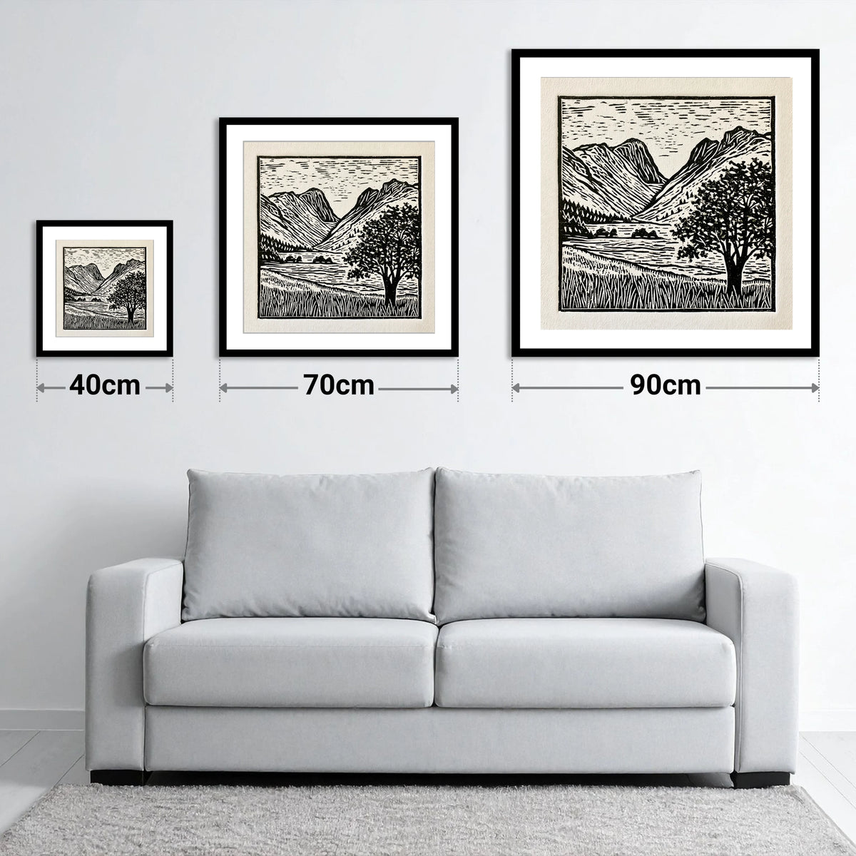 Langdale Pikes in Bold Monochrome - size guide showing 40cm, 70cm and 90cm art prints