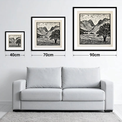 Langdale Pikes in Bold Monochrome - size guide showing 40cm, 70cm and 90cm art prints