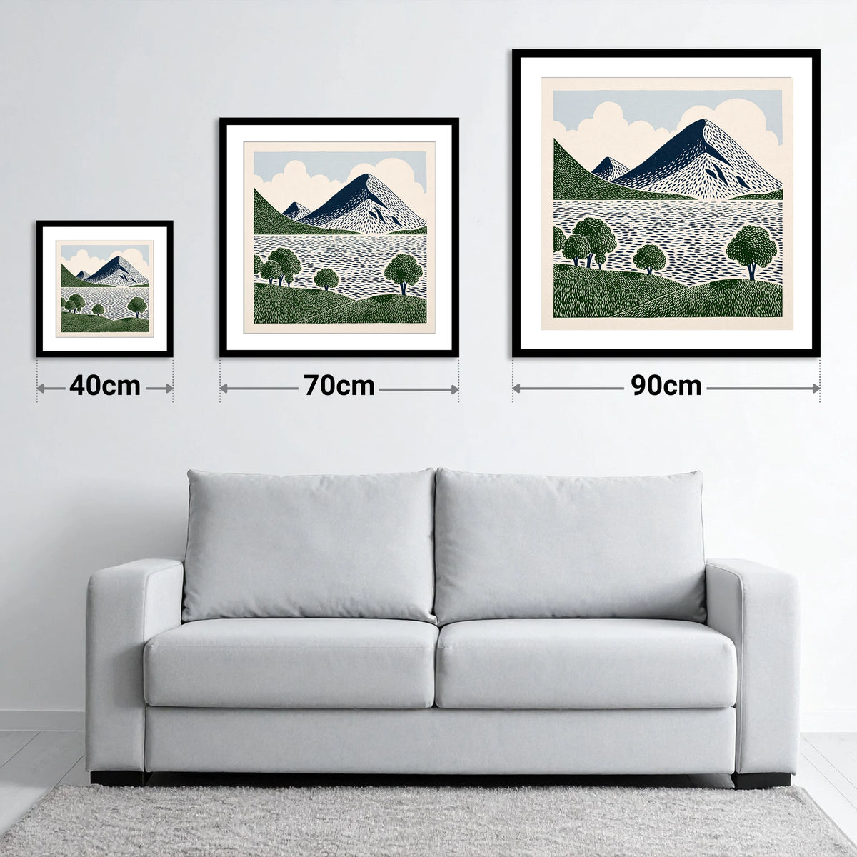 Graphic Fells Above Crummock Water - size guide showing 40cm, 70cm and 90cm art prints