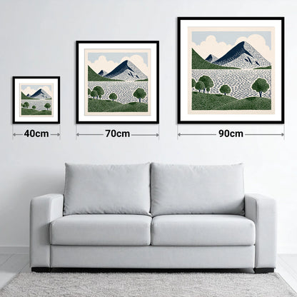 Graphic Fells Above Crummock Water - size guide showing 40cm, 70cm and 90cm art prints