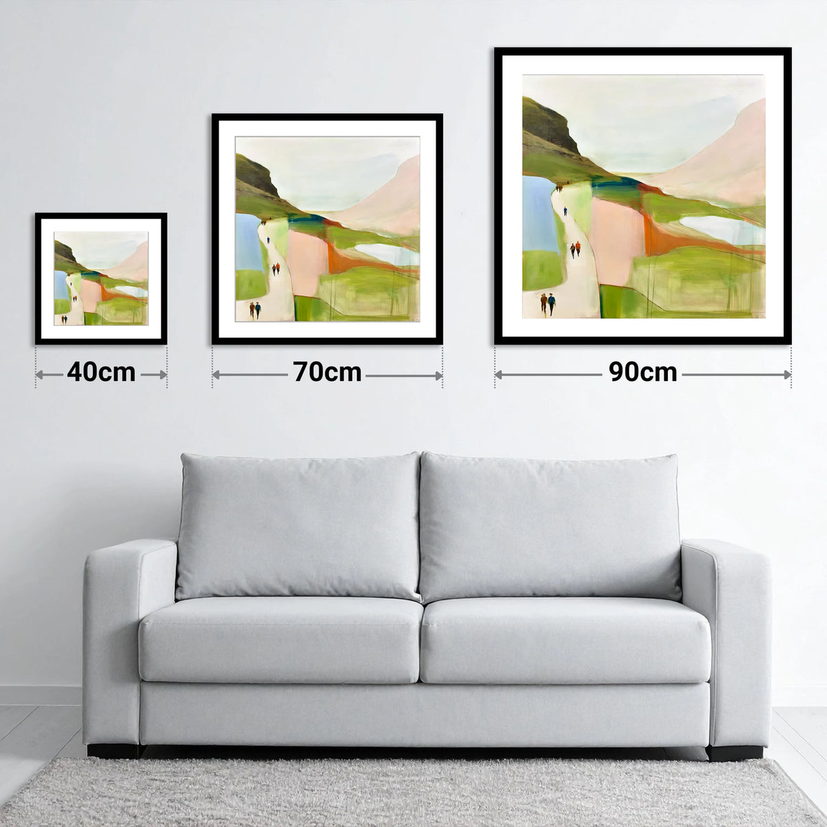 Walkers on a Bright Mountain Path - size guide showing 40cm, 70cm and 90cm art prints