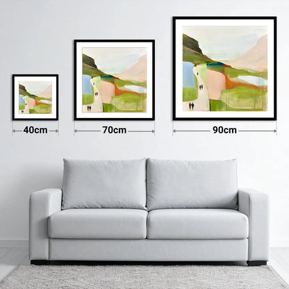 Walkers on a Bright Mountain Path - size guide showing 40cm, 70cm and 90cm art prints