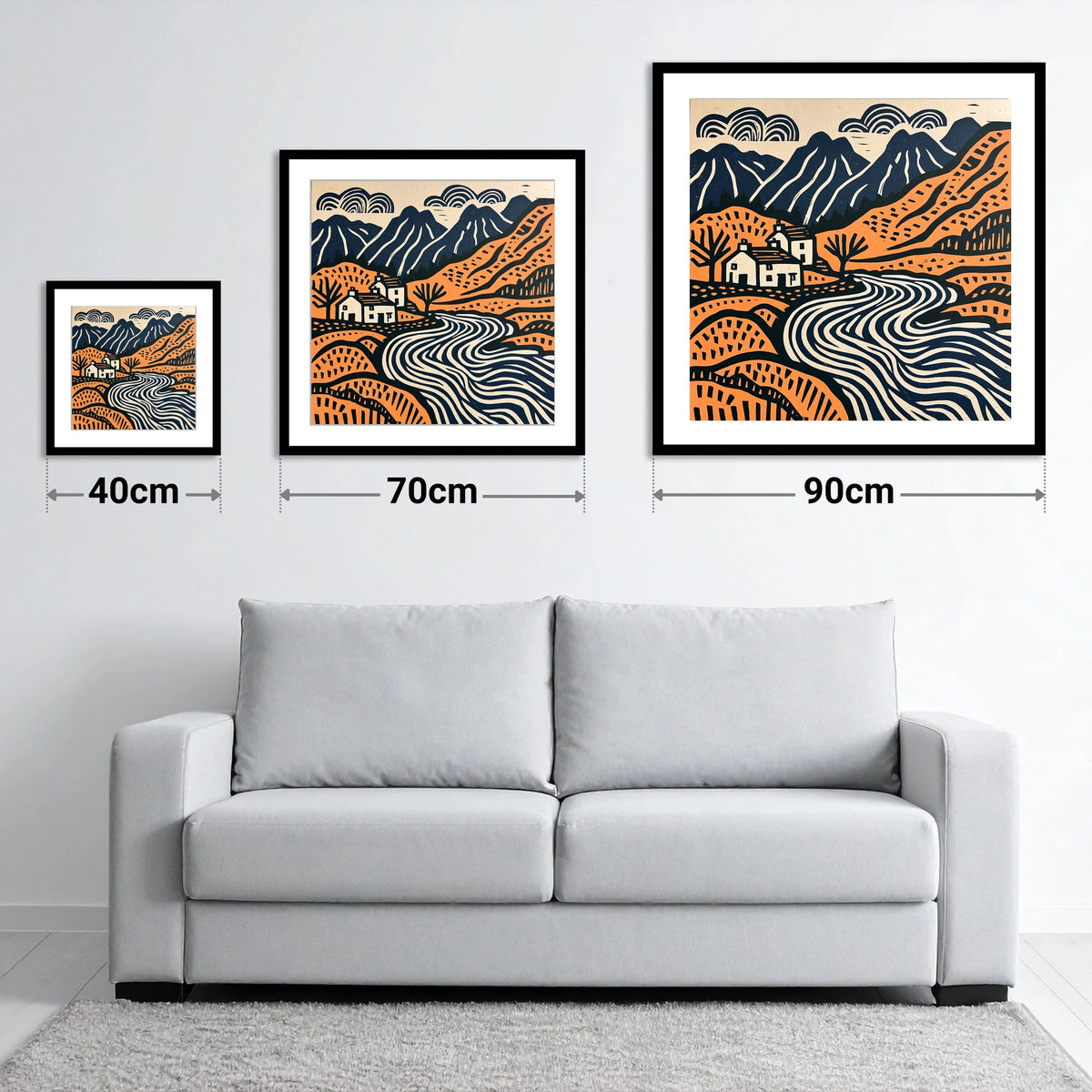 Grasmere Valley in Terracotta and Navy - size guide showing 40cm, 70cm and 90cm art prints