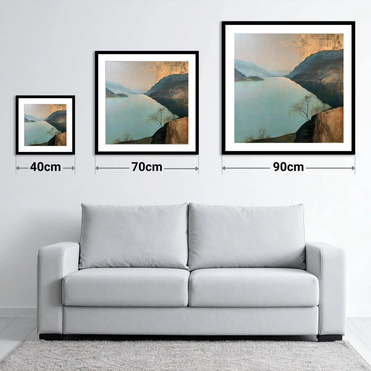 Ullswater Beneath a Golden Sky - size guide showing 40cm, 70cm and 90cm art prints