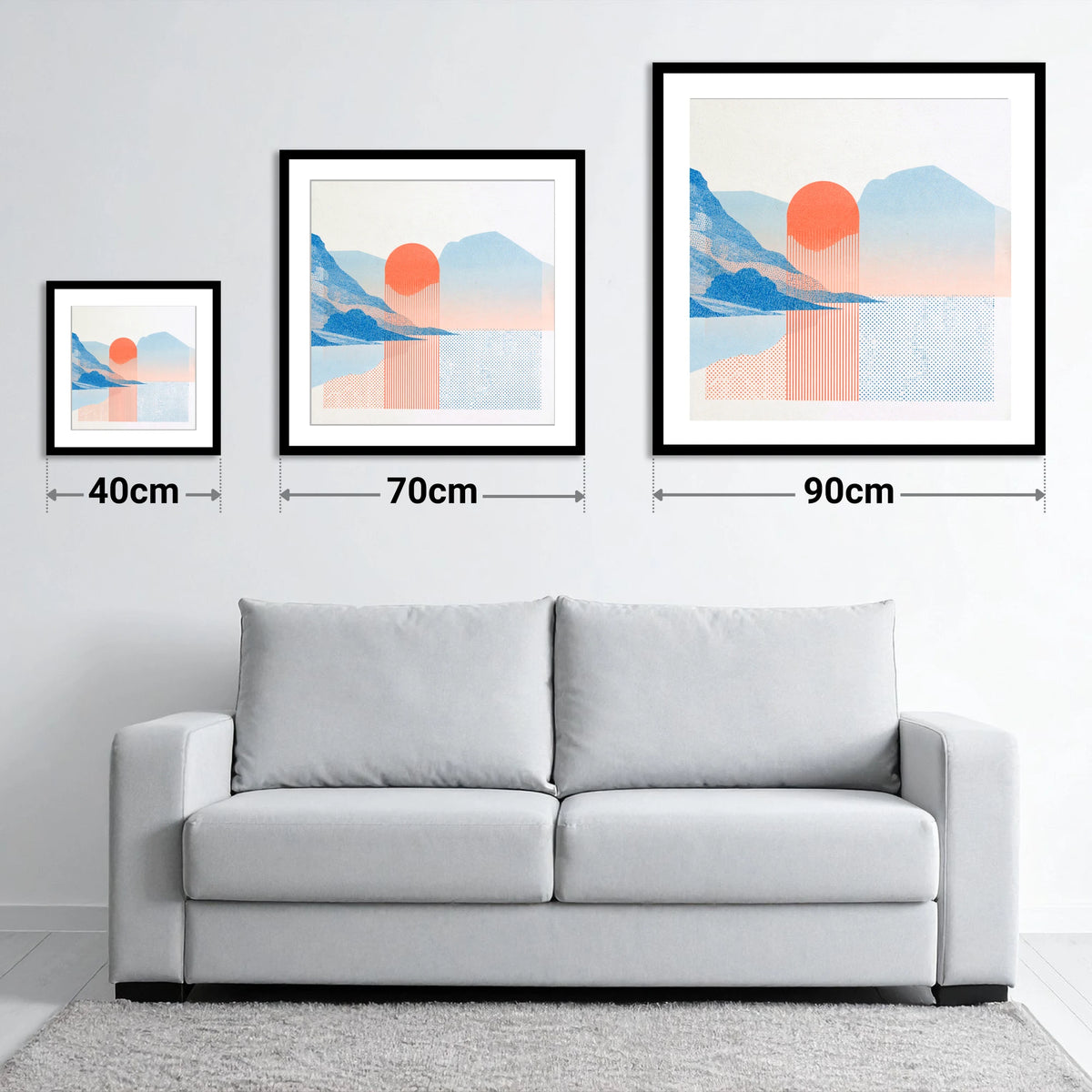Modern Buttermere in Coral and Blue - size guide showing 40cm, 70cm and 90cm art prints