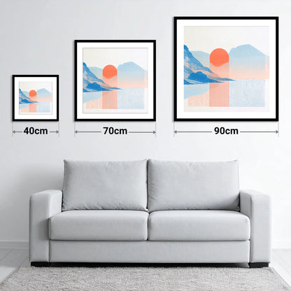 Modern Buttermere in Coral and Blue - size guide showing 40cm, 70cm and 90cm art prints