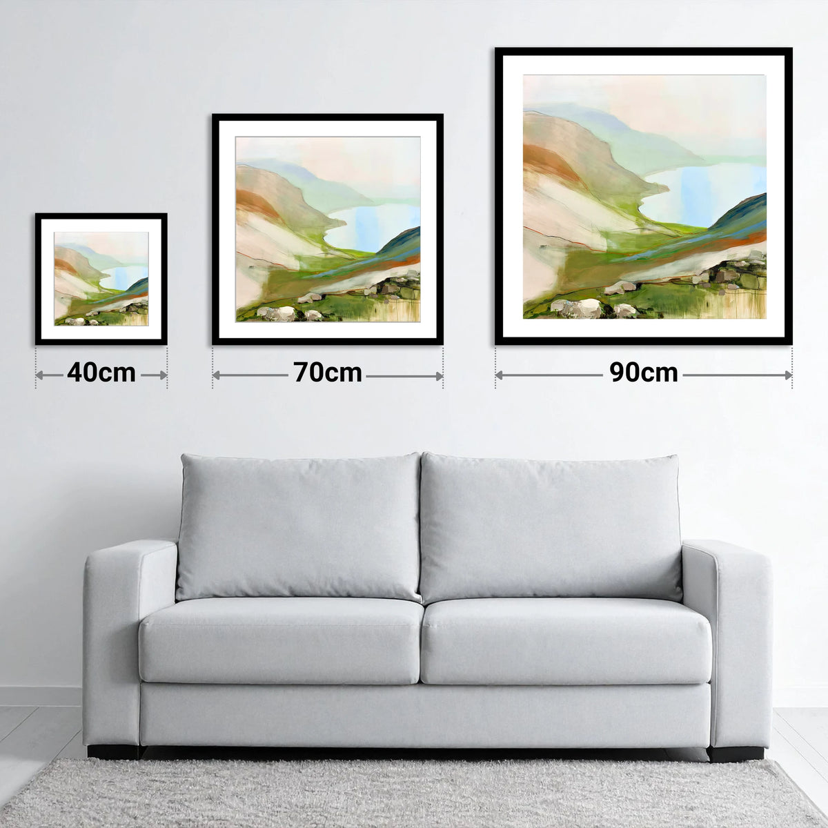 Azure Lake from the Summit - size guide showing 40cm, 70cm and 90cm art prints